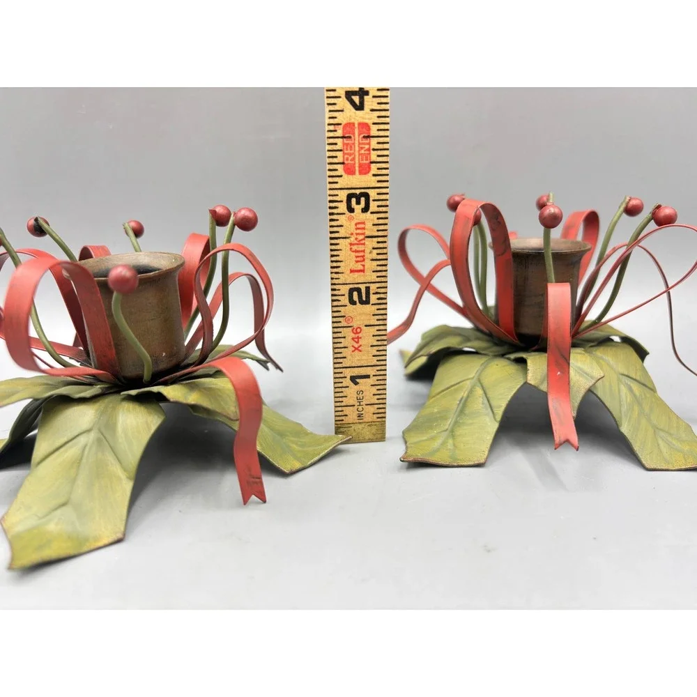 Vintage Metal Holly‎ Berry Christmas Candle Holders Set of 2 Red Green Holiday